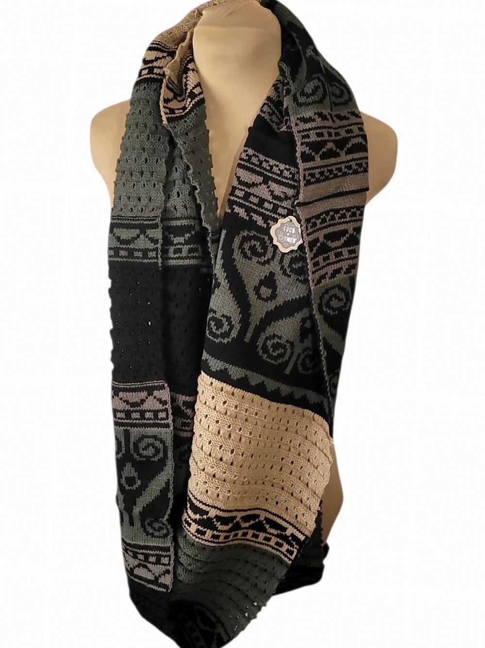 Coco + Carmen Patchwork Infinity Scarf in Black, Olive & Beige